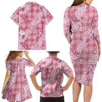 Pink Palaka Hawaii Cowboy Christmas Family Matching Long Sleeve Bodycon Dress and Hawaiian Shirt Paniolo Mix Maile Lei - Polynesian Pride