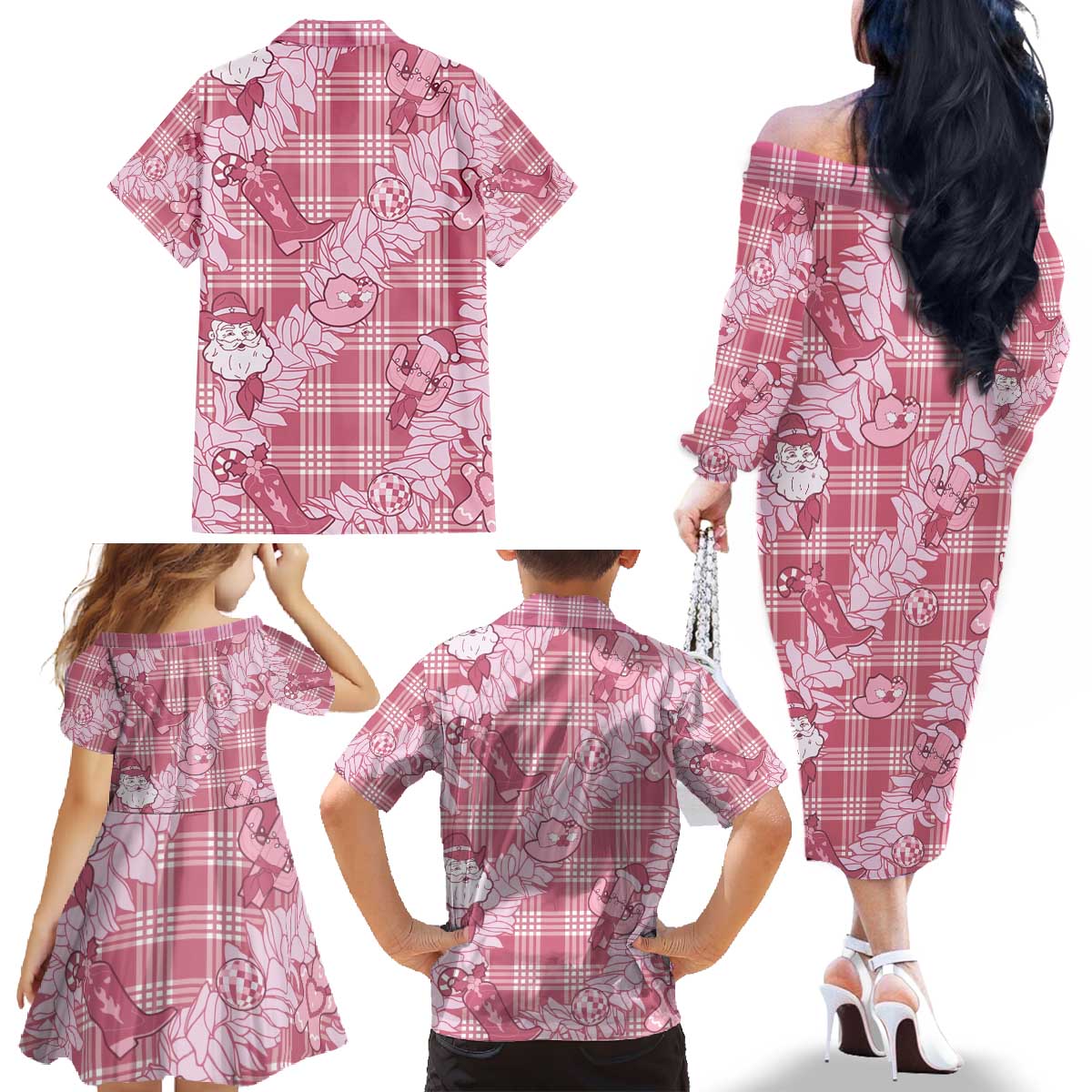 Pink Palaka Hawaii Cowboy Christmas Family Matching Off The Shoulder Long Sleeve Dress and Hawaiian Shirt Paniolo Mix Maile Lei - Polynesian Pride
