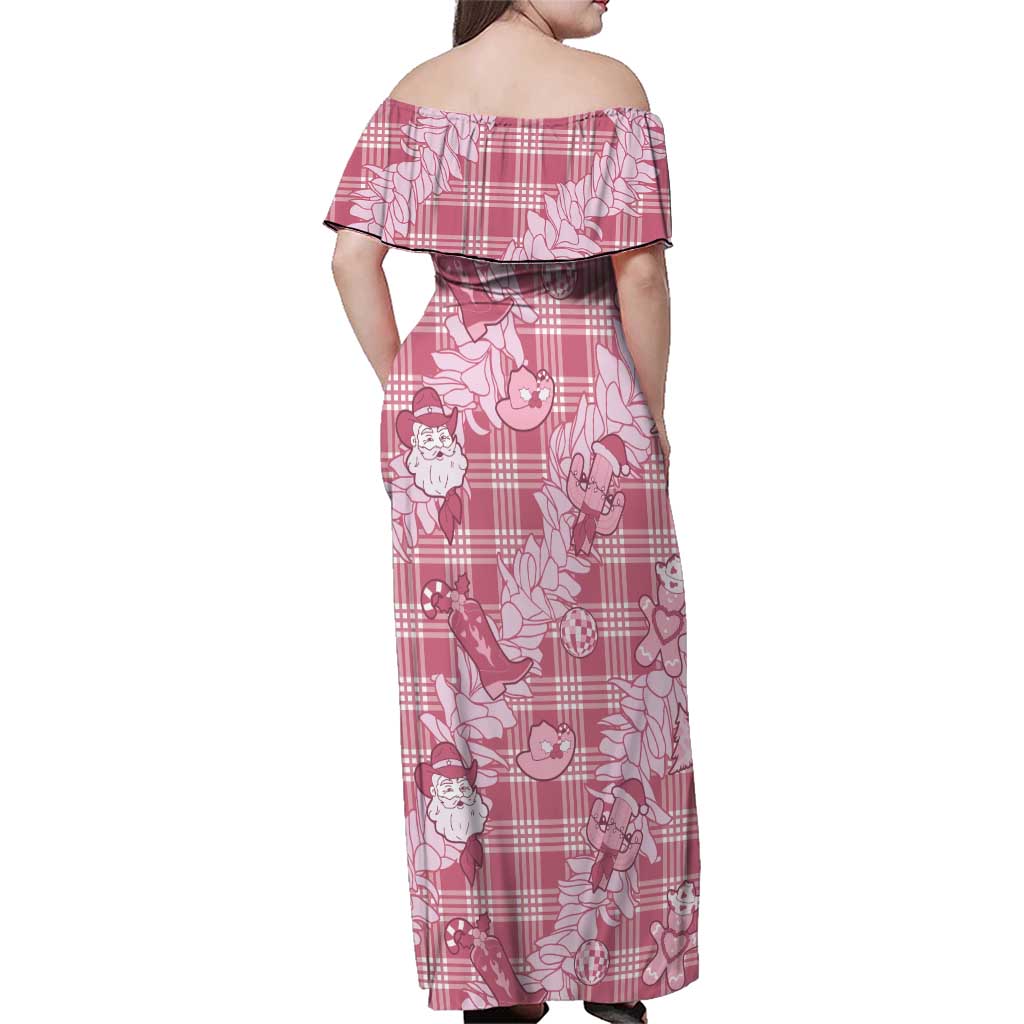 Pink Palaka Hawaii Cowboy Christmas Family Matching Off Shoulder Maxi Dress and Hawaiian Shirt Paniolo Mix Maile Lei - Polynesian Pride