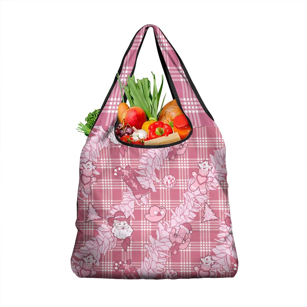 Pink Palaka Hawaii Cowboy Christmas Grocery Bag Paniolo Mix Maile Lei - Polynesian Pride