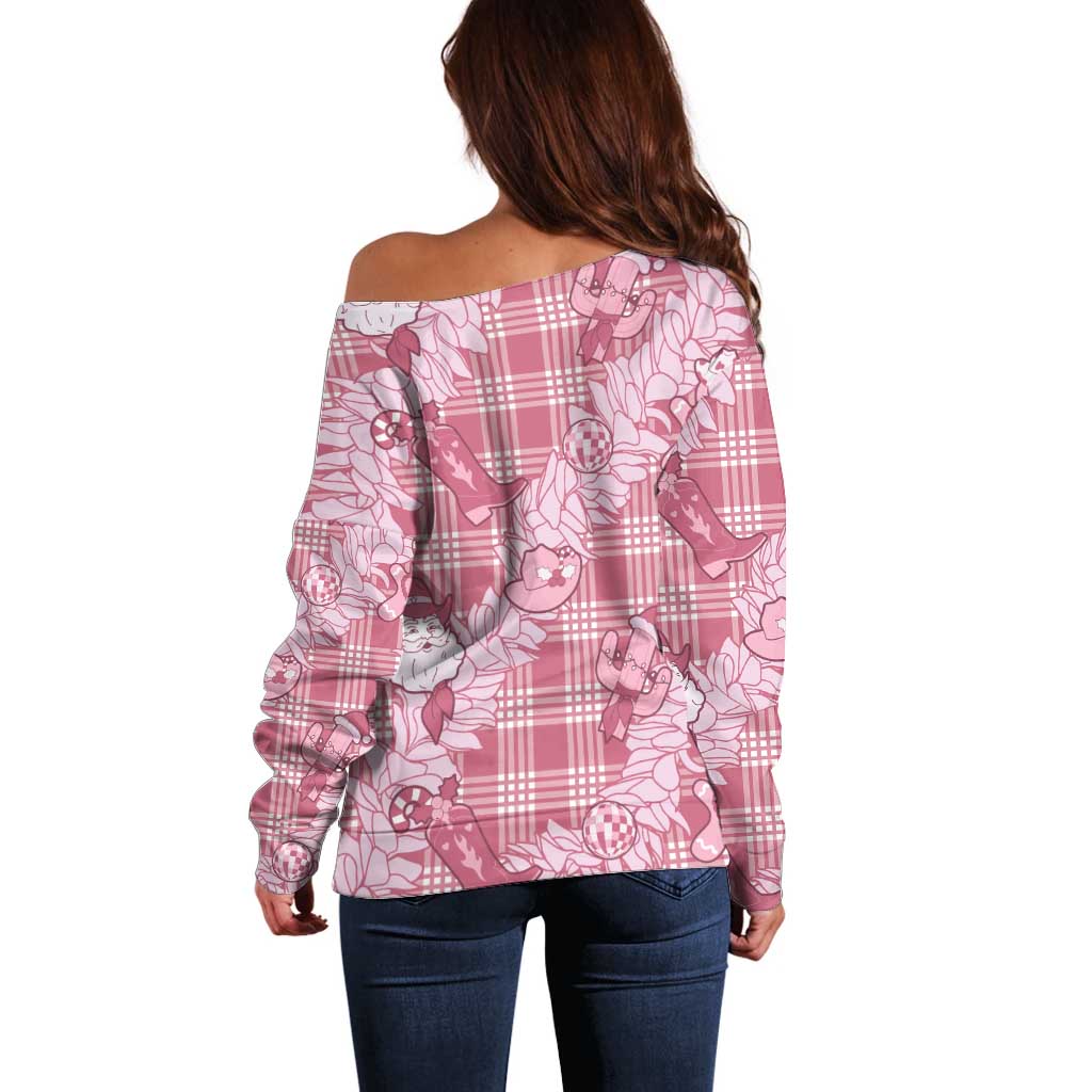 Pink Palaka Hawaii Cowboy Christmas Off Shoulder Sweater Paniolo Mix Maile Lei - Polynesian Pride