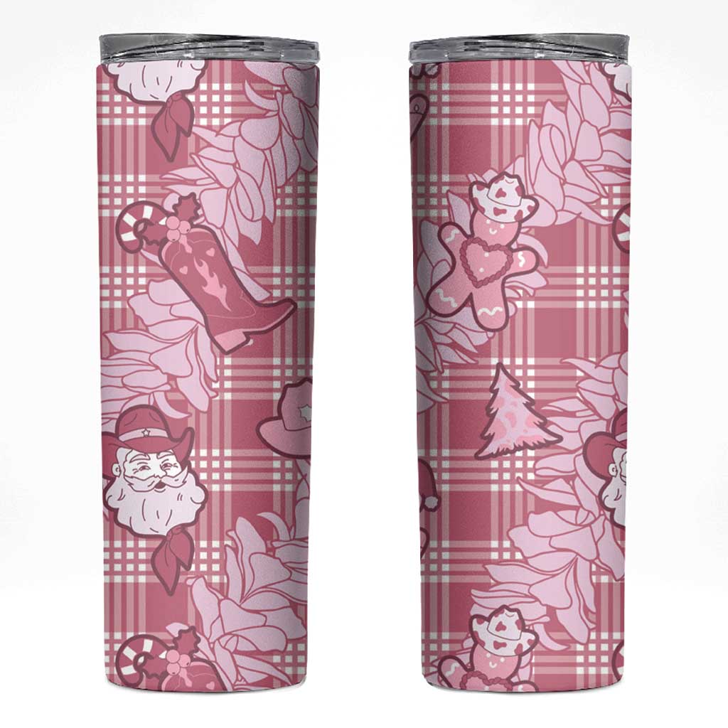 Pink Palaka Hawaii Cowboy Christmas Skinny Tumbler Paniolo Mix Maile Lei - Polynesian Pride