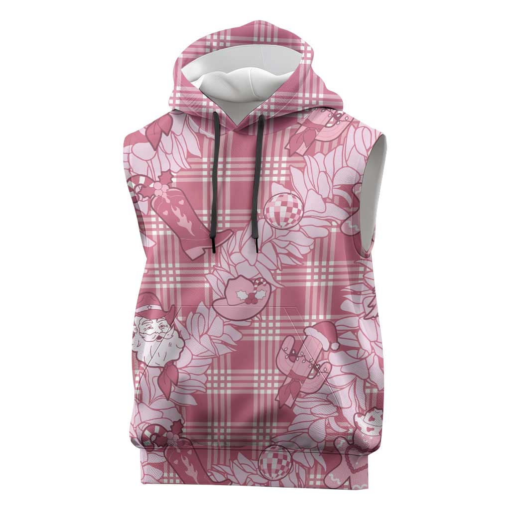 Pink Palaka Hawaii Cowboy Christmas Sleeveless Hoodie Paniolo Mix Maile Lei - Polynesian Pride