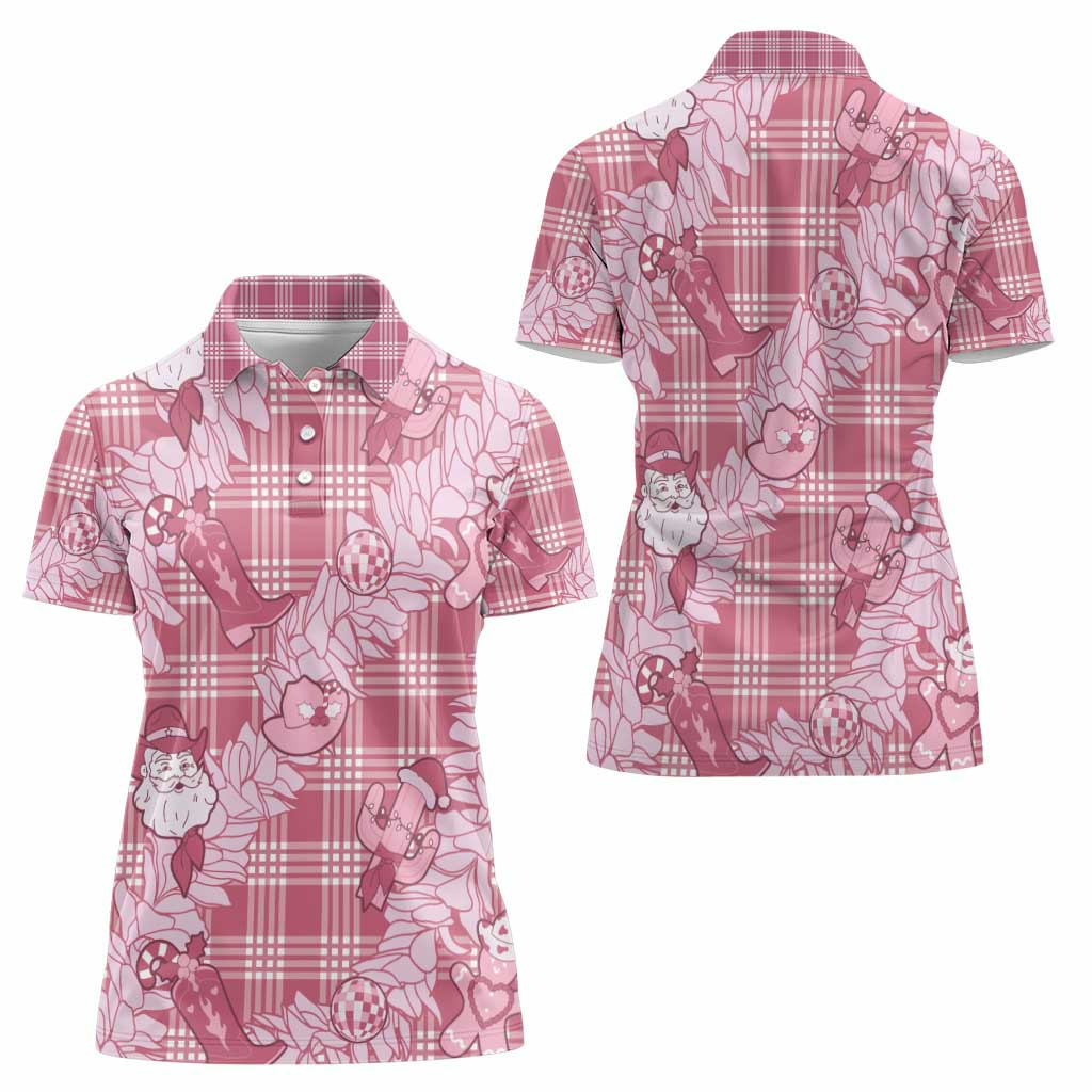 Pink Palaka Hawaii Cowboy Christmas Women Polo Shirt Paniolo Mix Maile Lei - Polynesian Pride