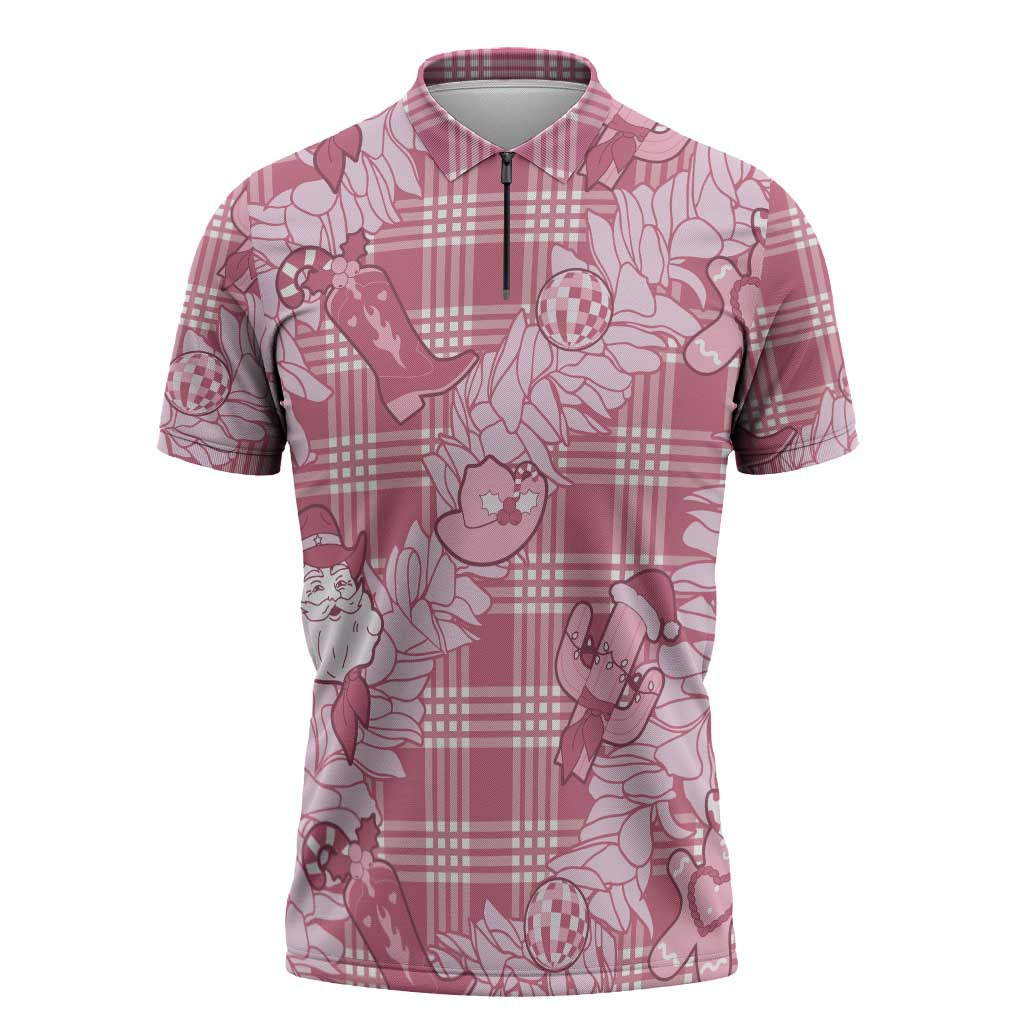 Pink Palaka Hawaii Cowboy Christmas Zipper Polo Shirt Paniolo Mix Maile Lei - Polynesian Pride