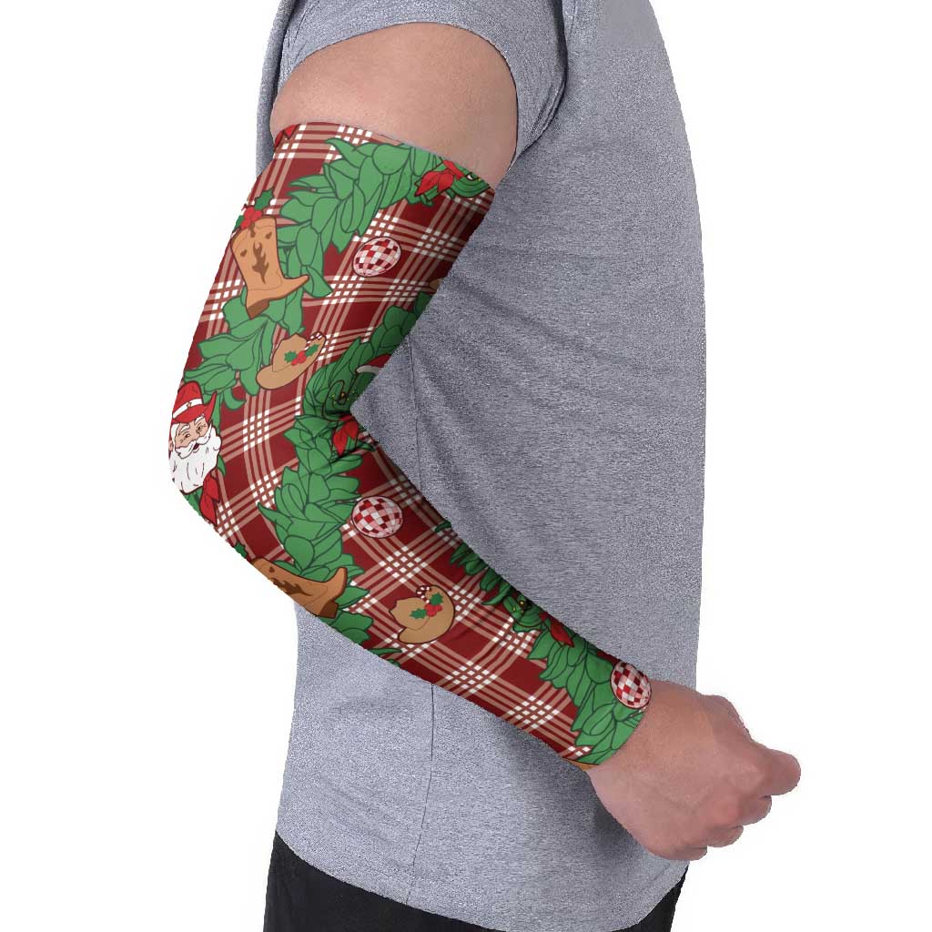 Red Palaka Hawaii Cowboy Christmas Arm Sleeves Paniolo Mix Maile Lei - Polynesian Pride