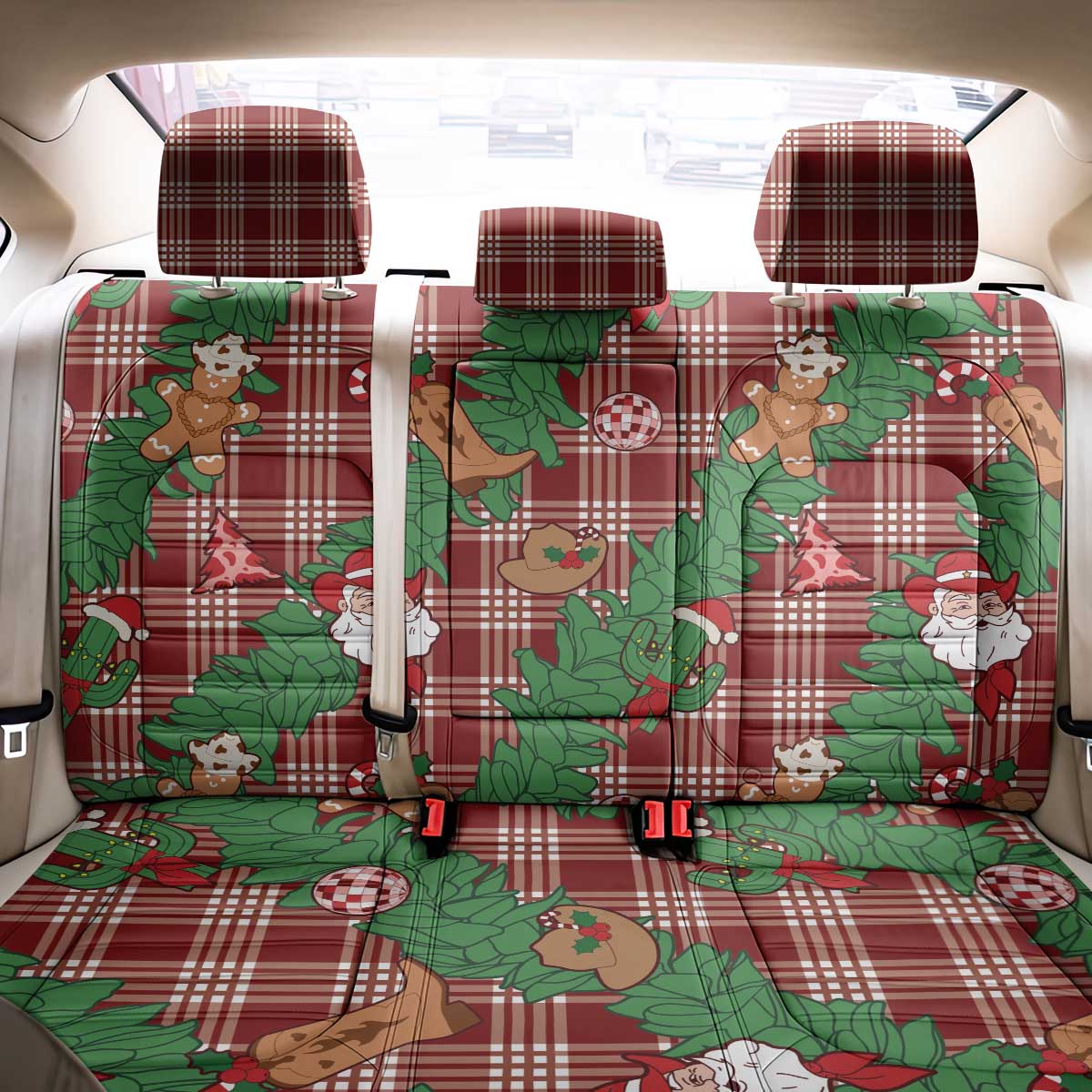 Red Palaka Hawaii Cowboy Christmas Back Car Seat Cover Paniolo Mix Maile Lei - Polynesian Pride