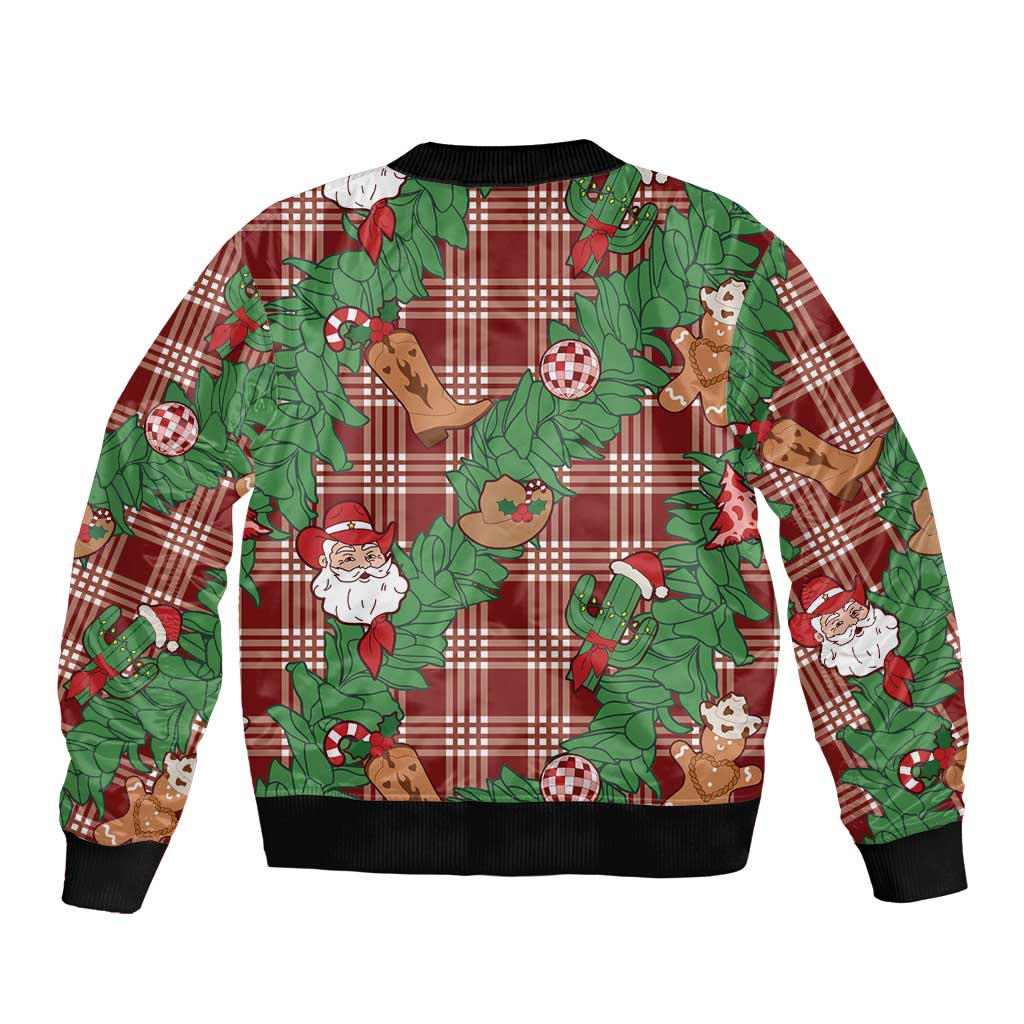 Red Palaka Hawaii Cowboy Christmas Bomber Jacket Paniolo Mix Maile Lei - Polynesian Pride