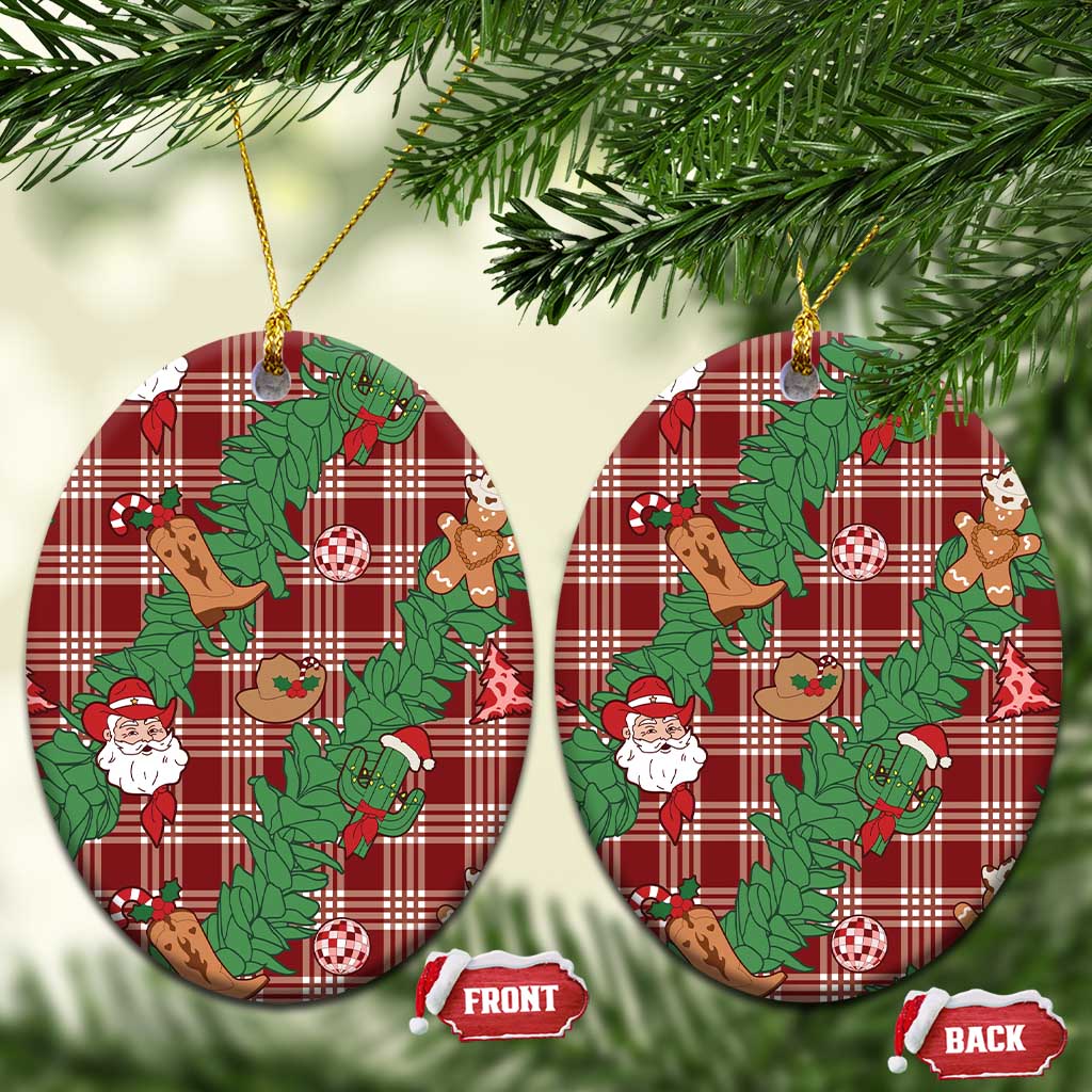 Red Palaka Hawaii Cowboy Christmas Ceramic Ornament Paniolo Mix Maile Lei - Polynesian Pride