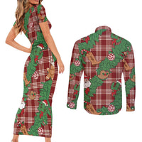 Red Palaka Hawaii Cowboy Christmas Couples Matching Short Sleeve Bodycon Dress and Long Sleeve Button Shirt Paniolo Mix Maile Lei - Polynesian Pride
