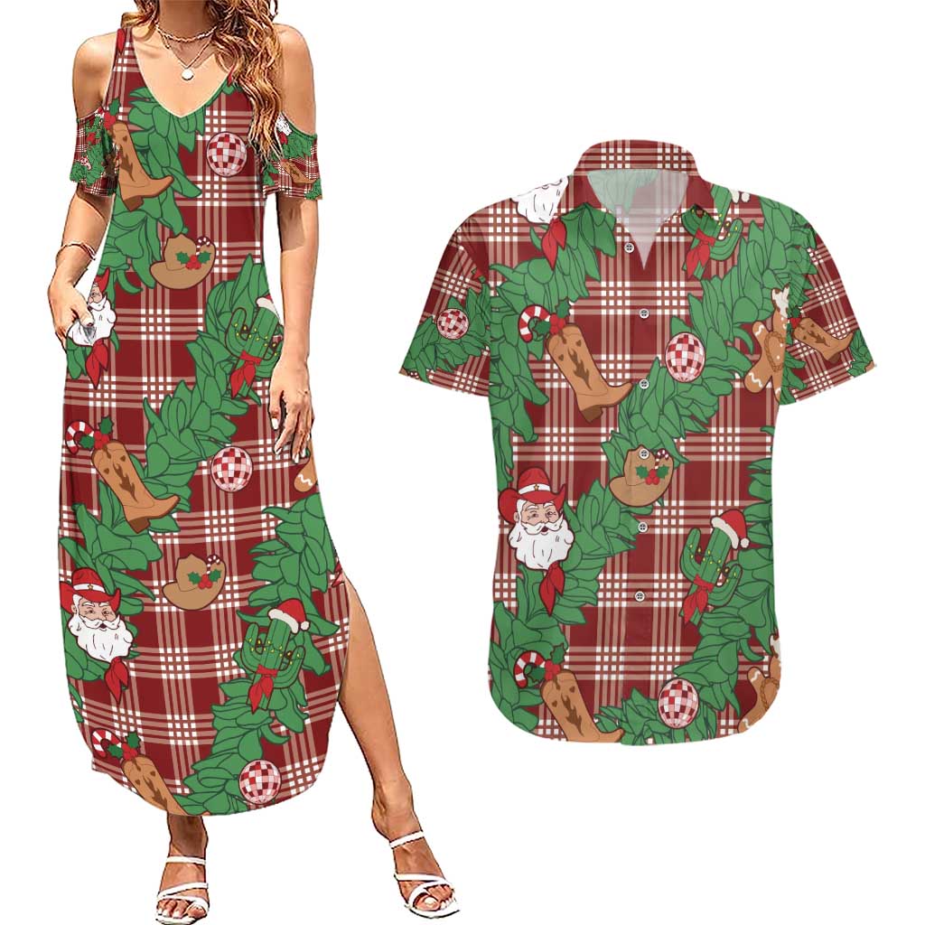 Red Palaka Hawaii Cowboy Christmas Couples Matching Summer Maxi Dress and Hawaiian Shirt Paniolo Mix Maile Lei - Polynesian Pride