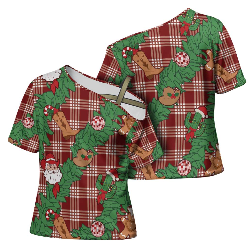 Red Palaka Hawaii Cowboy Christmas Cross Shoulder Shirt Paniolo Mix Maile Lei - Polynesian Pride
