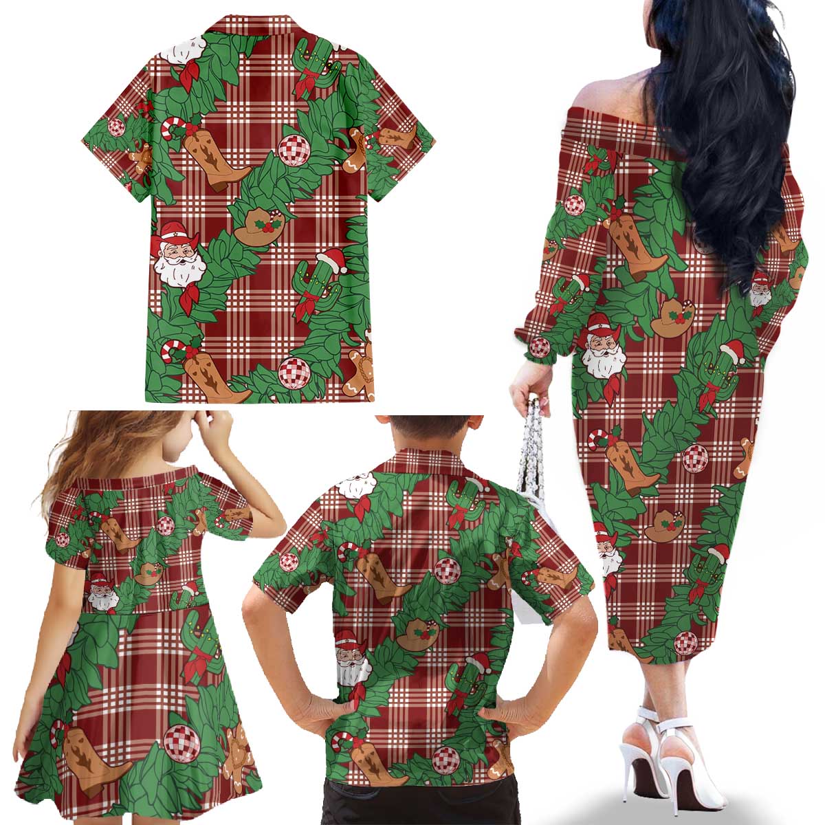 Red Palaka Hawaii Cowboy Christmas Family Matching Off The Shoulder Long Sleeve Dress and Hawaiian Shirt Paniolo Mix Maile Lei - Polynesian Pride