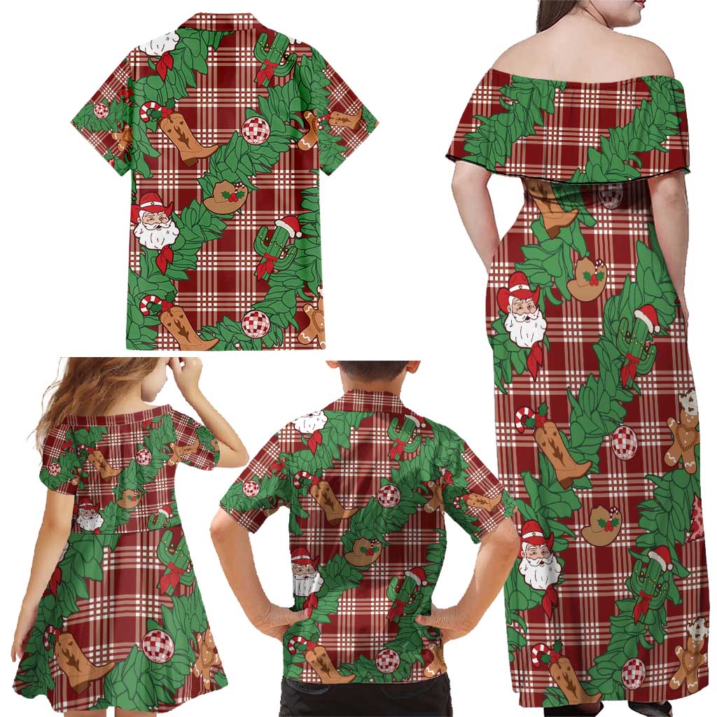 Red Palaka Hawaii Cowboy Christmas Family Matching Off Shoulder Maxi Dress and Hawaiian Shirt Paniolo Mix Maile Lei - Polynesian Pride