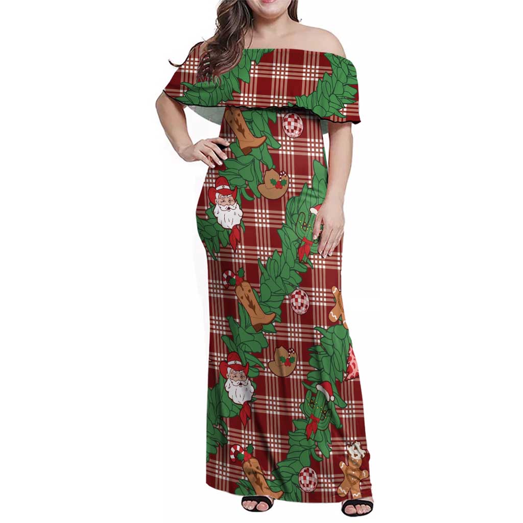 Red Palaka Hawaii Cowboy Christmas Family Matching Off Shoulder Maxi Dress and Hawaiian Shirt Paniolo Mix Maile Lei - Polynesian Pride