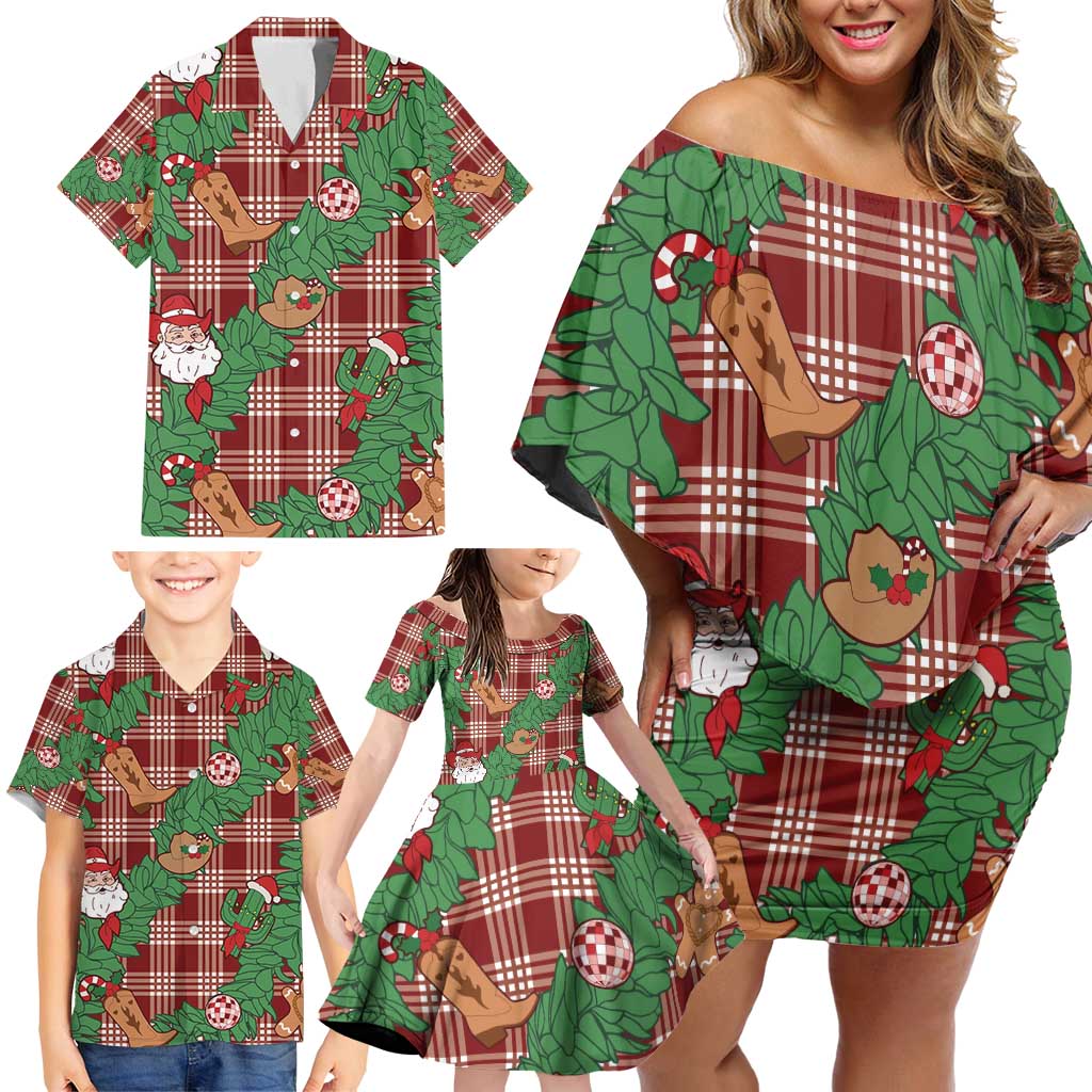 Red Palaka Hawaii Cowboy Christmas Family Matching Off Shoulder Short Dress and Hawaiian Shirt Paniolo Mix Maile Lei - Polynesian Pride