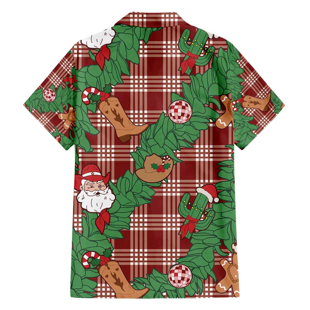 Red Palaka Hawaii Cowboy Christmas Family Matching Off Shoulder Short Dress and Hawaiian Shirt Paniolo Mix Maile Lei - Polynesian Pride