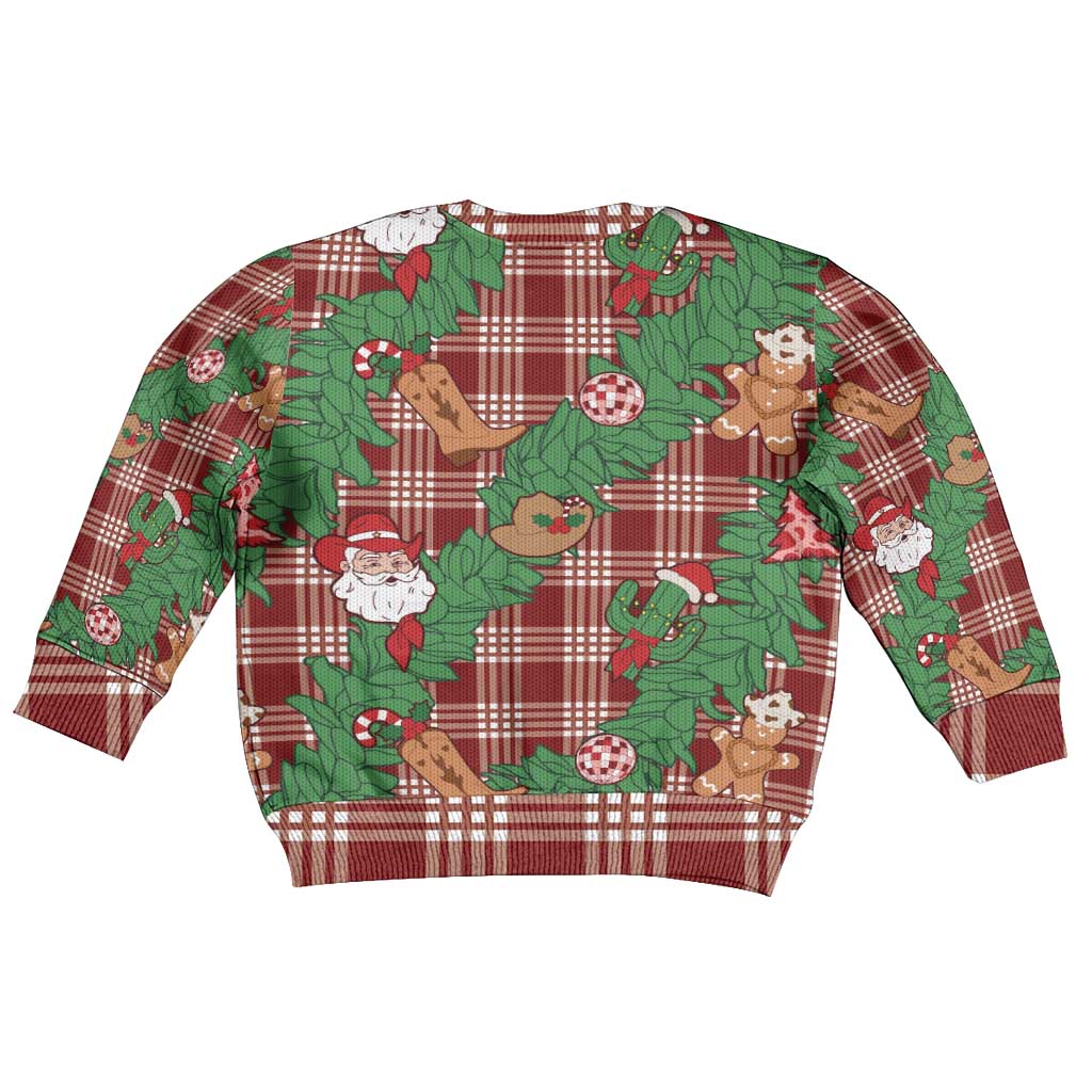 Red Palaka Hawaii Cowboy Christmas Kid Ugly Christmas Sweater Paniolo Mix Maile Lei - Polynesian Pride