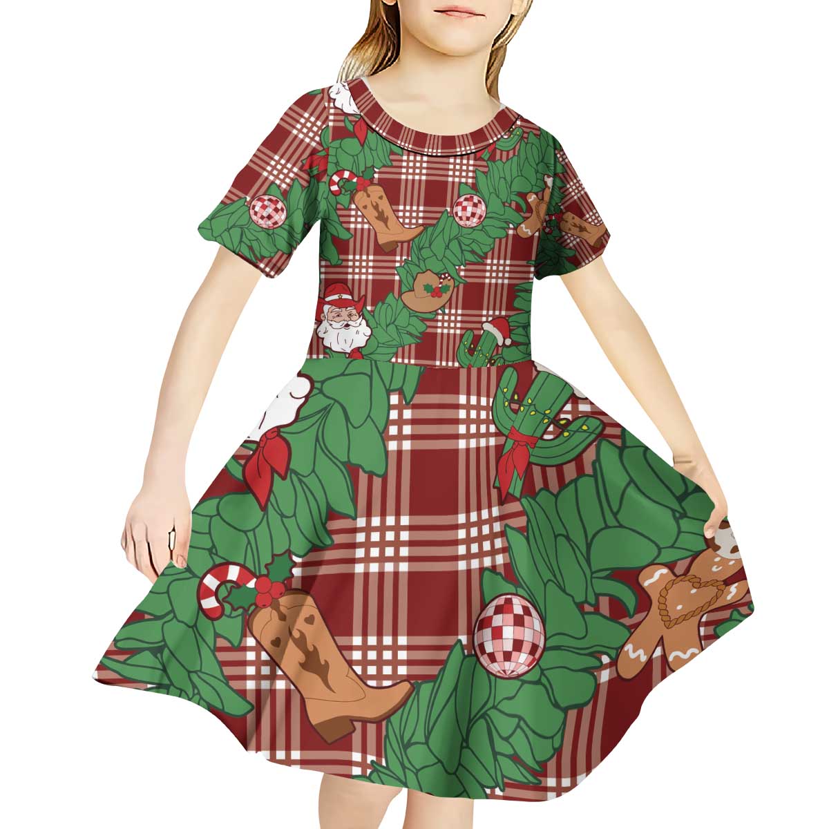 Red Palaka Hawaii Cowboy Christmas Kid Short Sleeve Dress Paniolo Mix Maile Lei LT7 - Polynesian Pride
