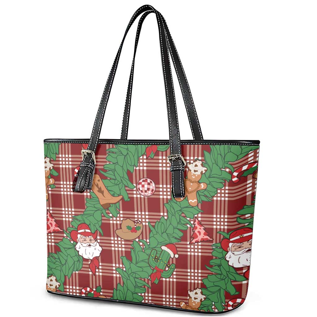 Red Palaka Hawaii Cowboy Christmas Leather Tote Bag Paniolo Mix Maile Lei - Polynesian Pride