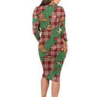 Red Palaka Hawaii Cowboy Christmas Long Sleeve Bodycon Dress Paniolo Mix Maile Lei LT7 - Polynesian Pride