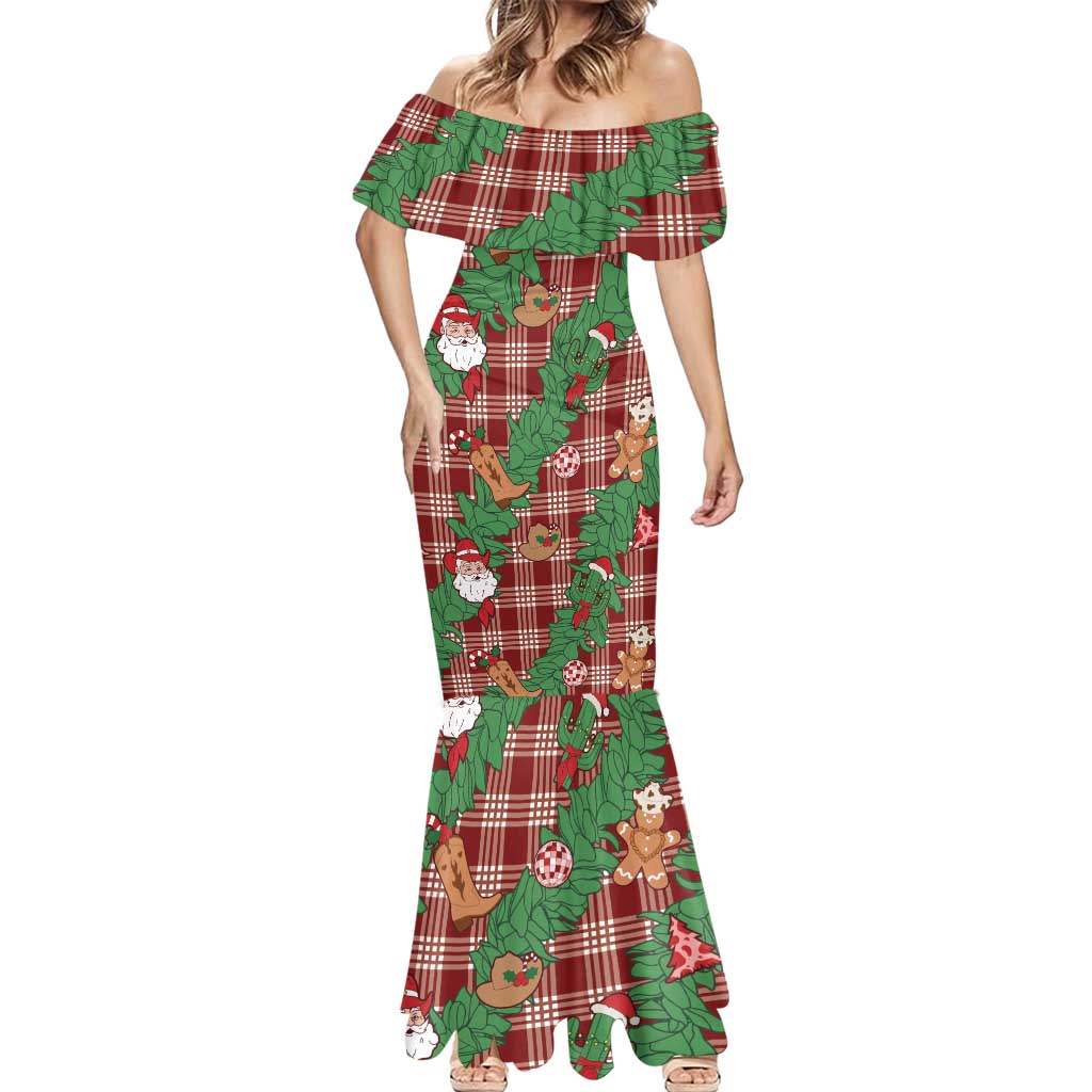 Red Palaka Hawaii Cowboy Christmas Mermaid Dress Paniolo Mix Maile Lei LT7 - Polynesian Pride