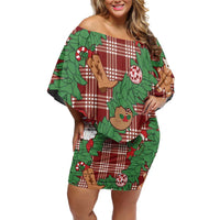 Red Palaka Hawaii Cowboy Christmas Off Shoulder Short Dress Paniolo Mix Maile Lei - Polynesian Pride