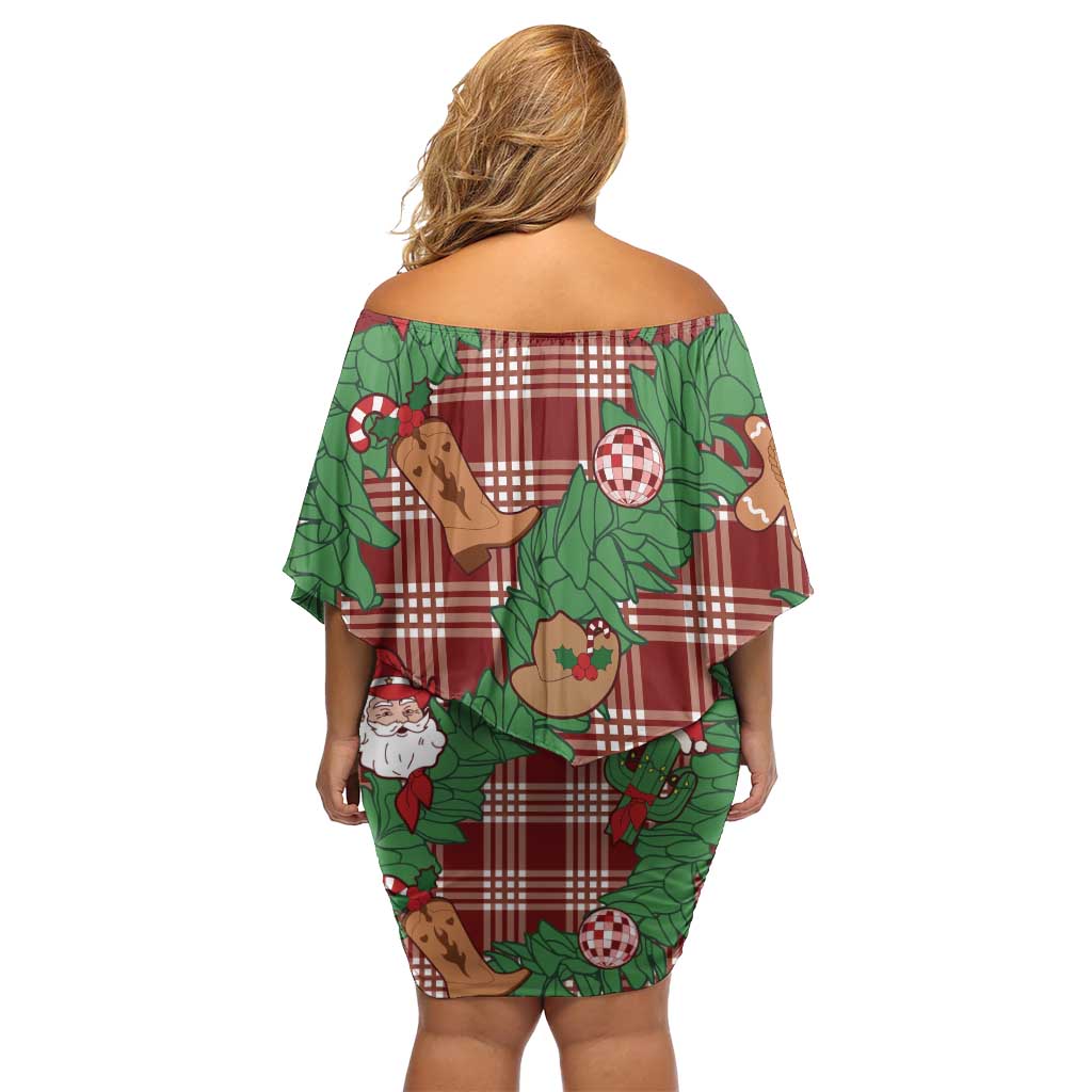 Red Palaka Hawaii Cowboy Christmas Off Shoulder Short Dress Paniolo Mix Maile Lei - Polynesian Pride