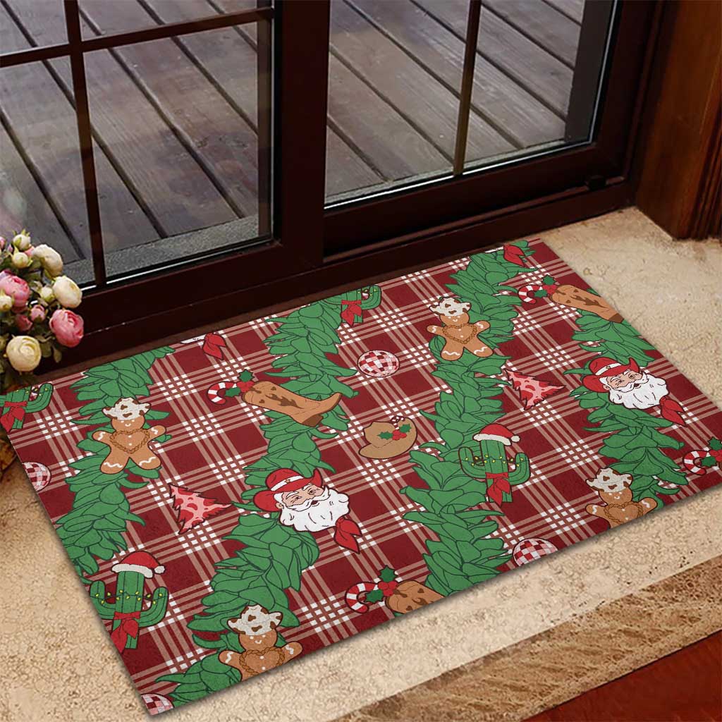 Red Palaka Hawaii Cowboy Christmas Rubber Doormat Paniolo Mix Maile Lei - Polynesian Pride