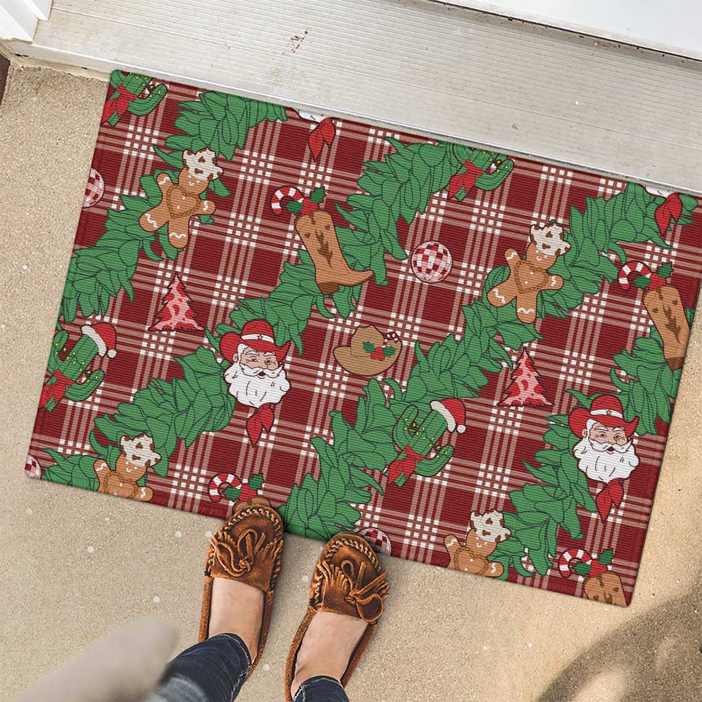 Red Palaka Hawaii Cowboy Christmas Rubber Doormat Paniolo Mix Maile Lei - Polynesian Pride