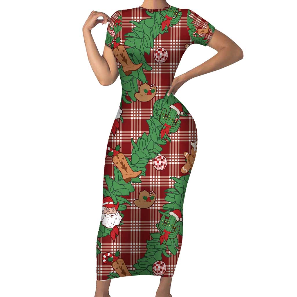 Red Palaka Hawaii Cowboy Christmas Short Sleeve Bodycon Dress Paniolo Mix Maile Lei LT7 Long Dress Red - Polynesian Pride