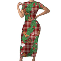 Red Palaka Hawaii Cowboy Christmas Short Sleeve Bodycon Dress Paniolo Mix Maile Lei LT7 Long Dress Red - Polynesian Pride
