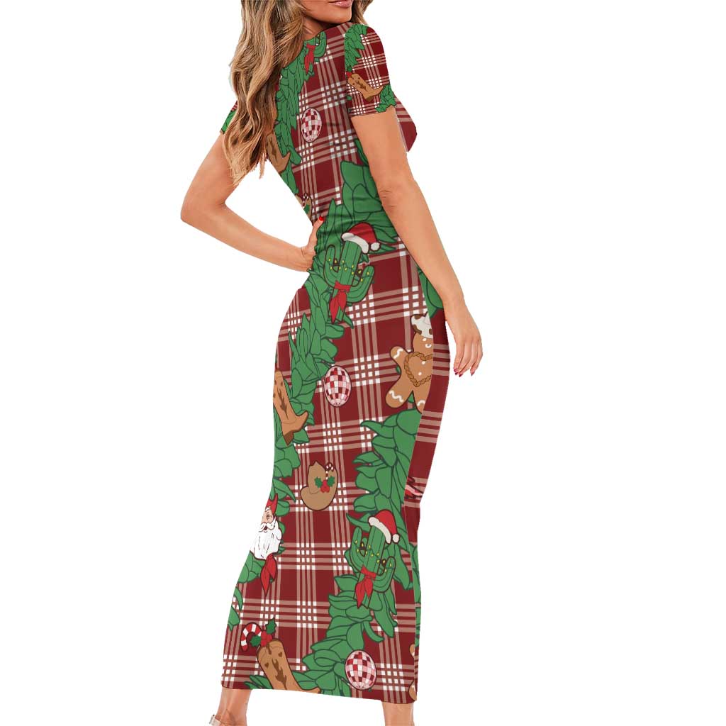 Red Palaka Hawaii Cowboy Christmas Short Sleeve Bodycon Dress Paniolo Mix Maile Lei LT7 - Polynesian Pride