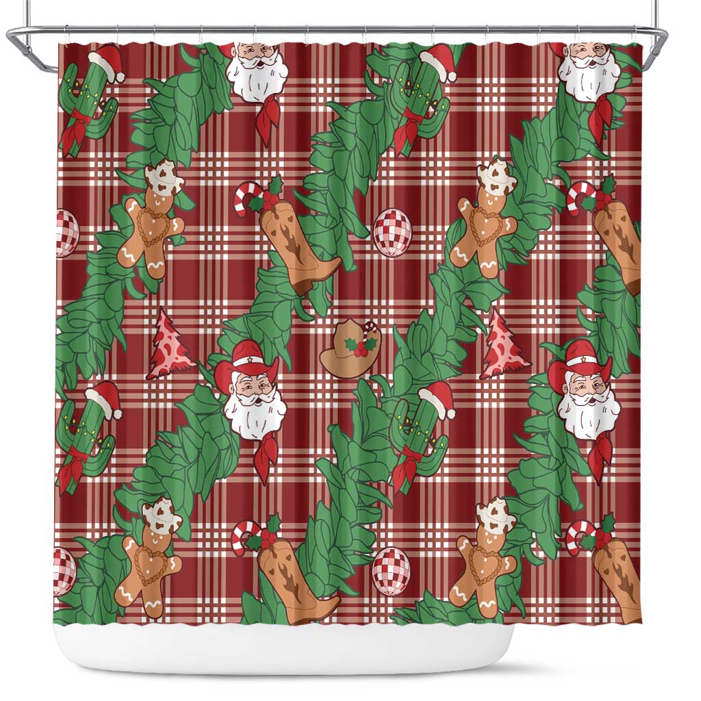 Red Palaka Hawaii Cowboy Christmas Shower Curtain Paniolo Mix Maile Lei - Polynesian Pride