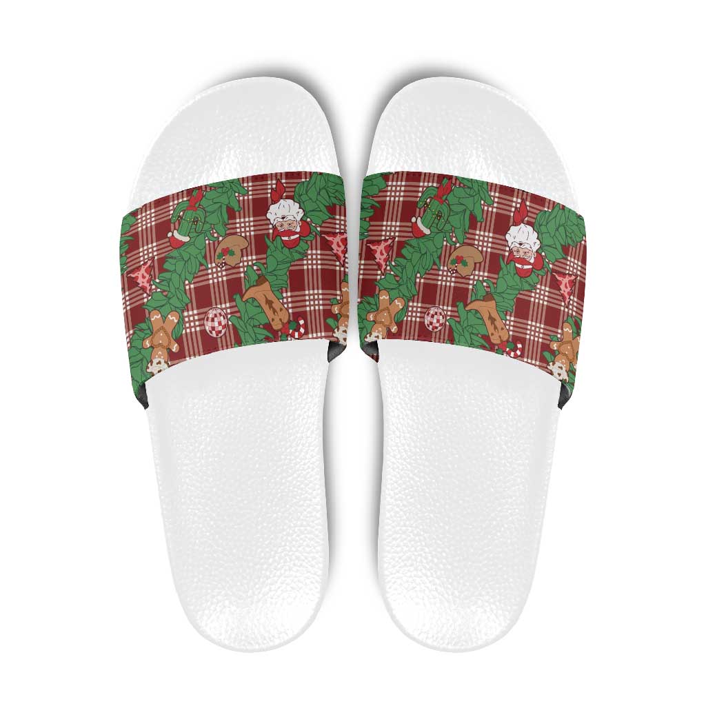 Red Palaka Hawaii Cowboy Christmas Slide Sandals Paniolo Mix Maile Lei - Polynesian Pride