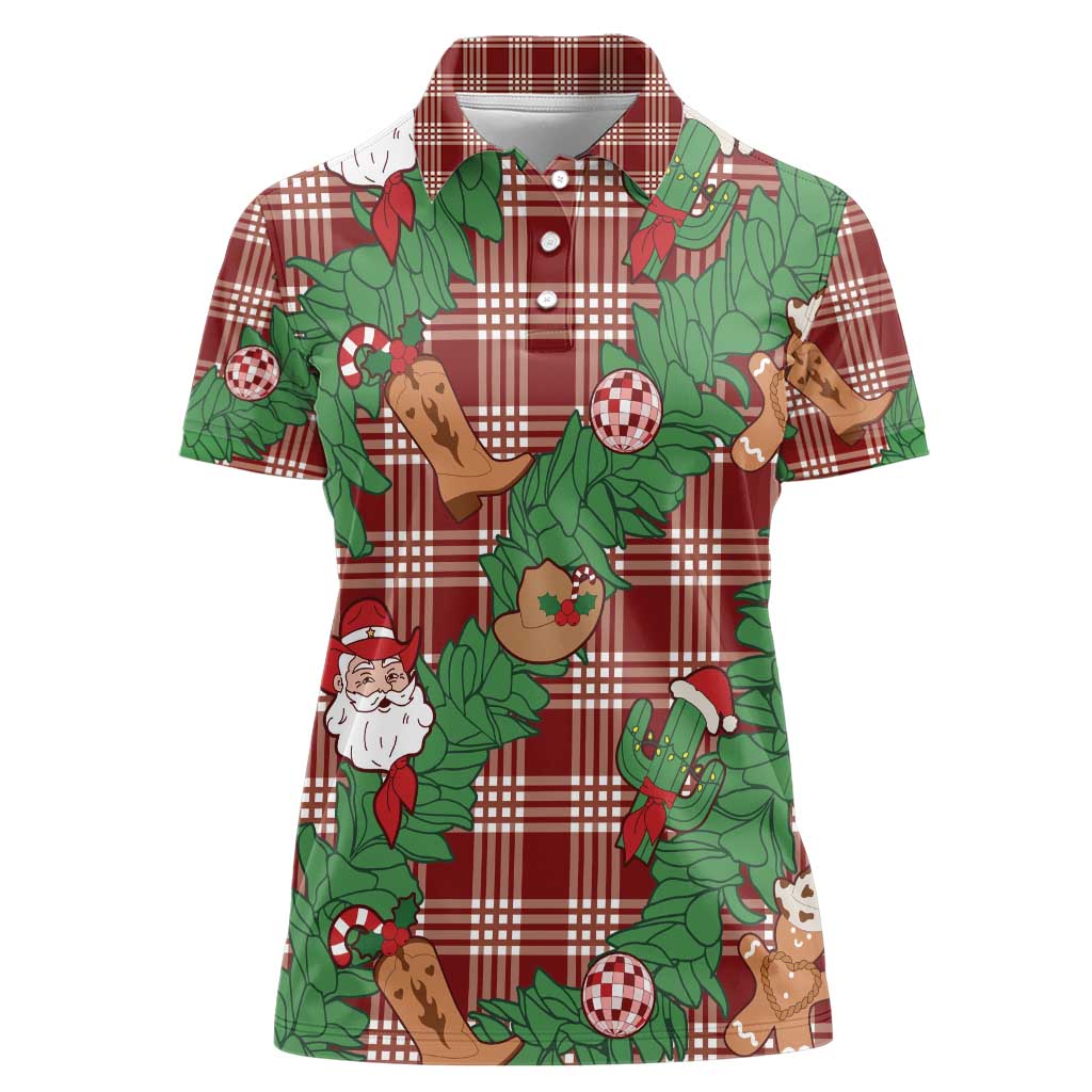 Red Palaka Hawaii Cowboy Christmas Women Polo Shirt Paniolo Mix Maile Lei - Polynesian Pride