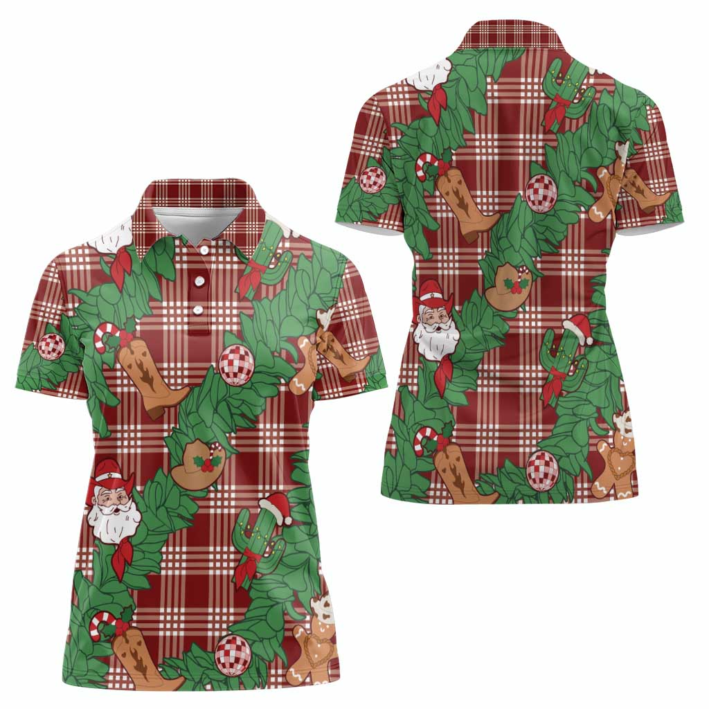 Red Palaka Hawaii Cowboy Christmas Women Polo Shirt Paniolo Mix Maile Lei - Polynesian Pride