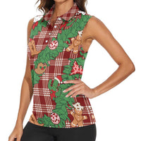 Red Palaka Hawaii Cowboy Christmas Women Sleeveless Polo Shirt Paniolo Mix Maile Lei - Polynesian Pride
