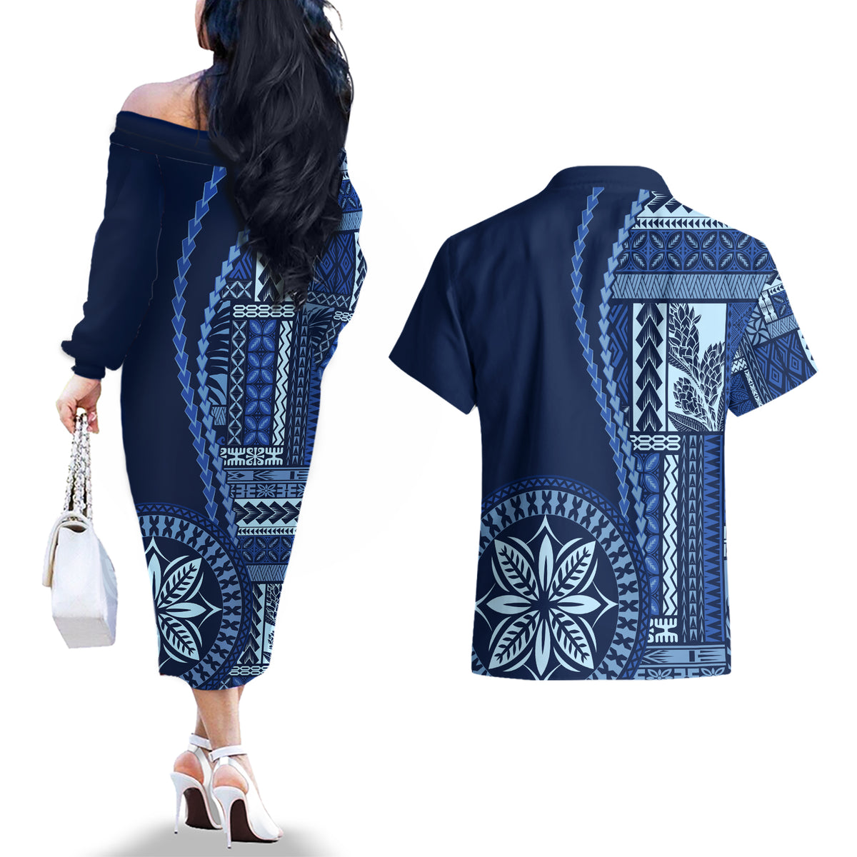Samoa Siapo Motif Couples Matching Off The Shoulder Long Sleeve Dress and Hawaiian Shirt Classic Style - Bue Ver LT7 - Polynesian Pride