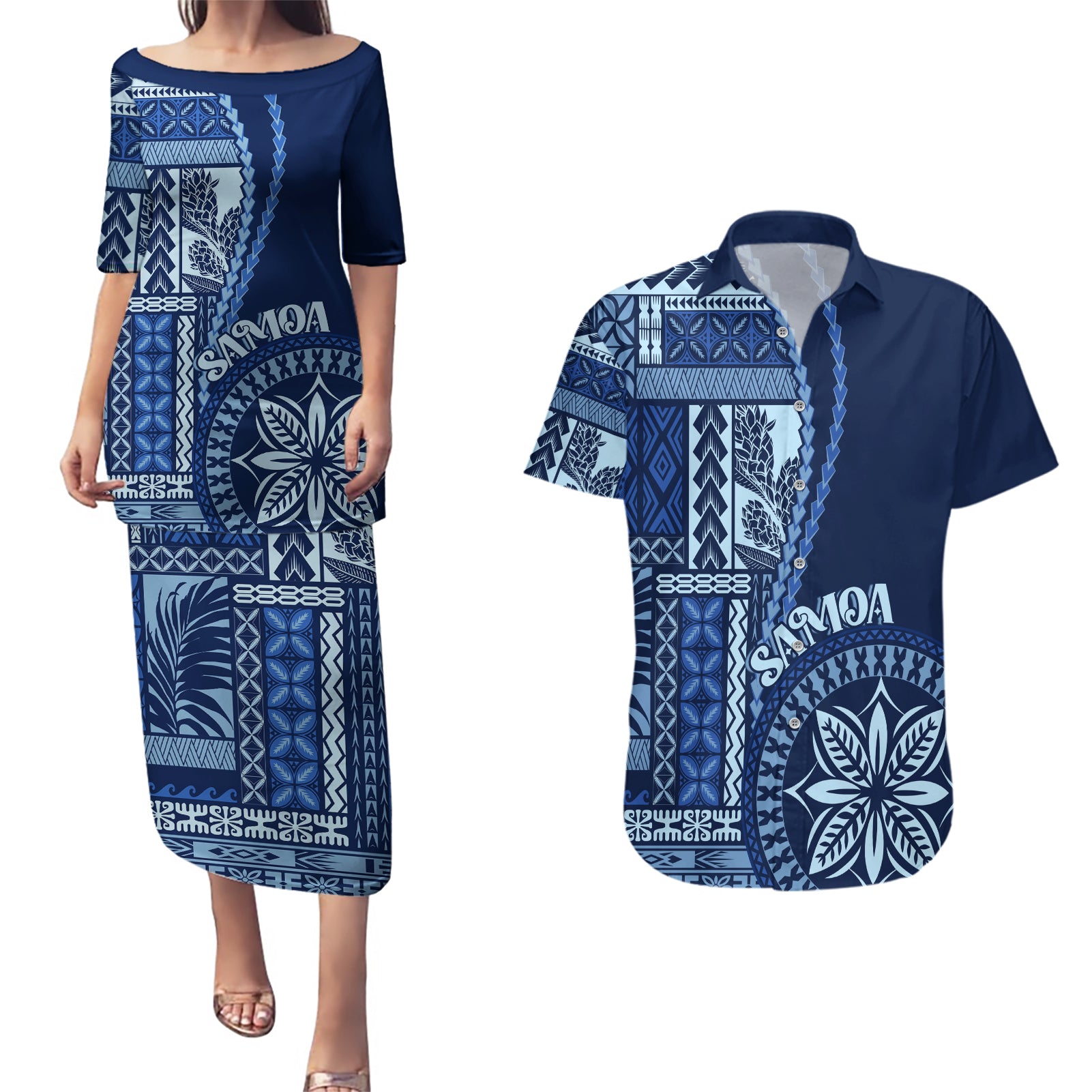 Samoa Siapo Motif Couples Matching Puletasi Dress and Hawaiian Shirt Classic Style - Bue Ver LT7 Blue - Polynesian Pride