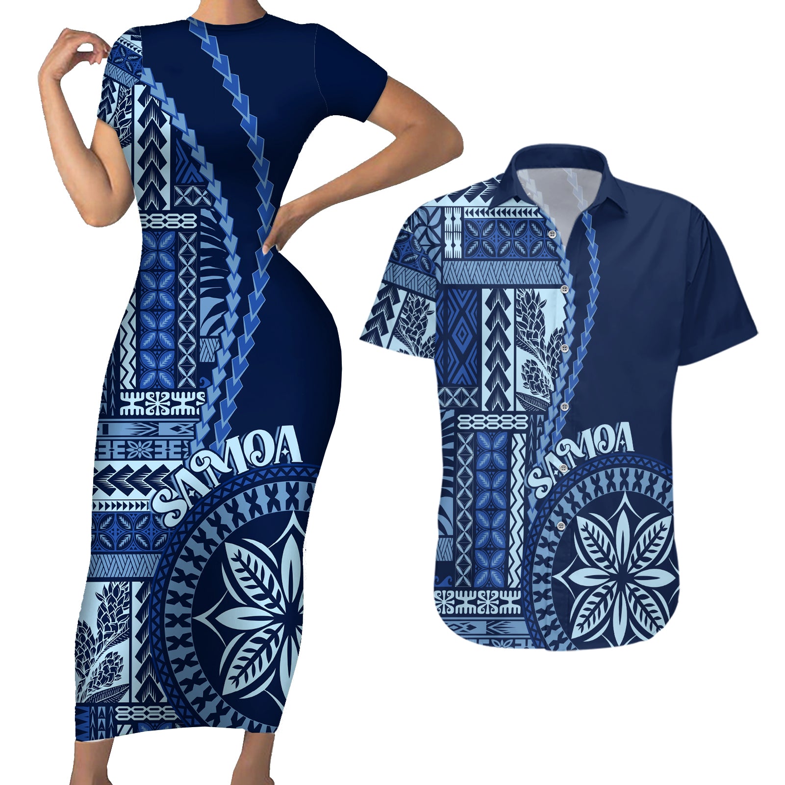 Samoa Siapo Motif Couples Matching Short Sleeve Bodycon Dress and Hawaiian Shirt Classic Style - Bue Ver LT7 Blue - Polynesian Pride