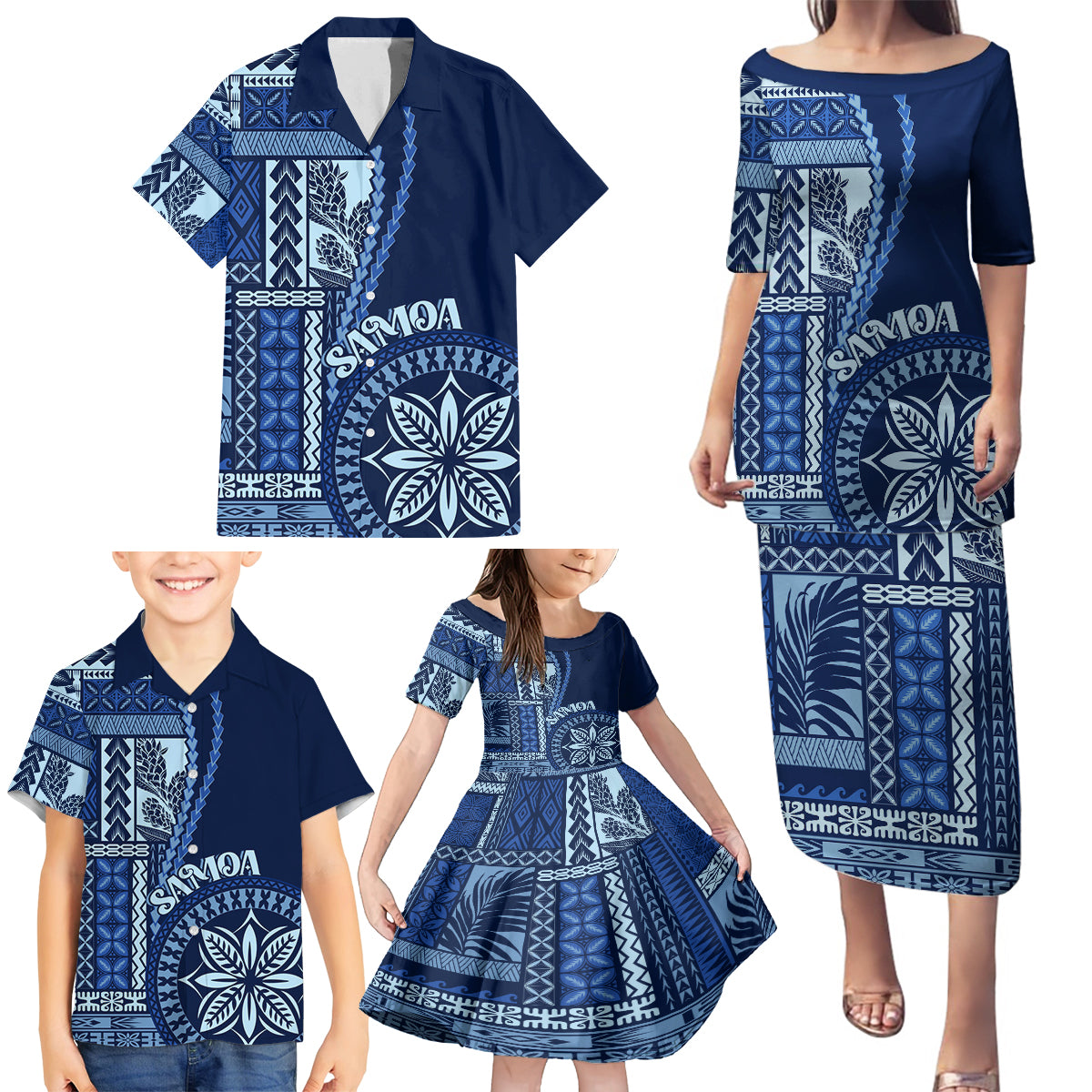 Samoa Siapo Motif Family Matching Puletasi Dress and Hawaiian Shirt Classic Style - Bue Ver LT7 - Polynesian Pride