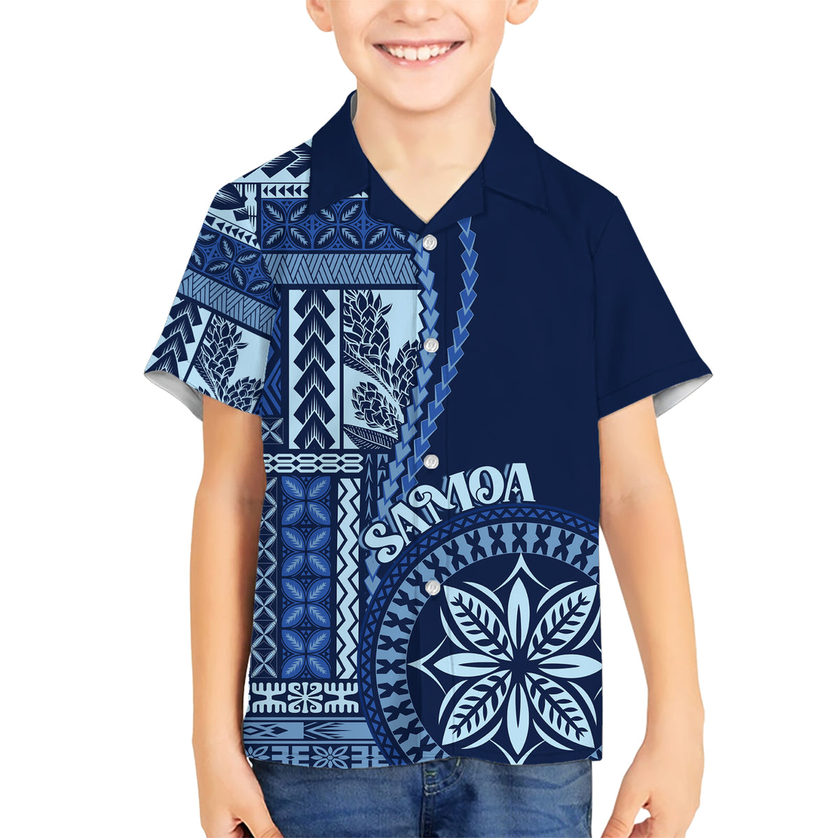 Samoa Siapo Motif Kid Hawaiian Shirt Classic Style - Bue Ver LT7 Kid Blue - Polynesian Pride