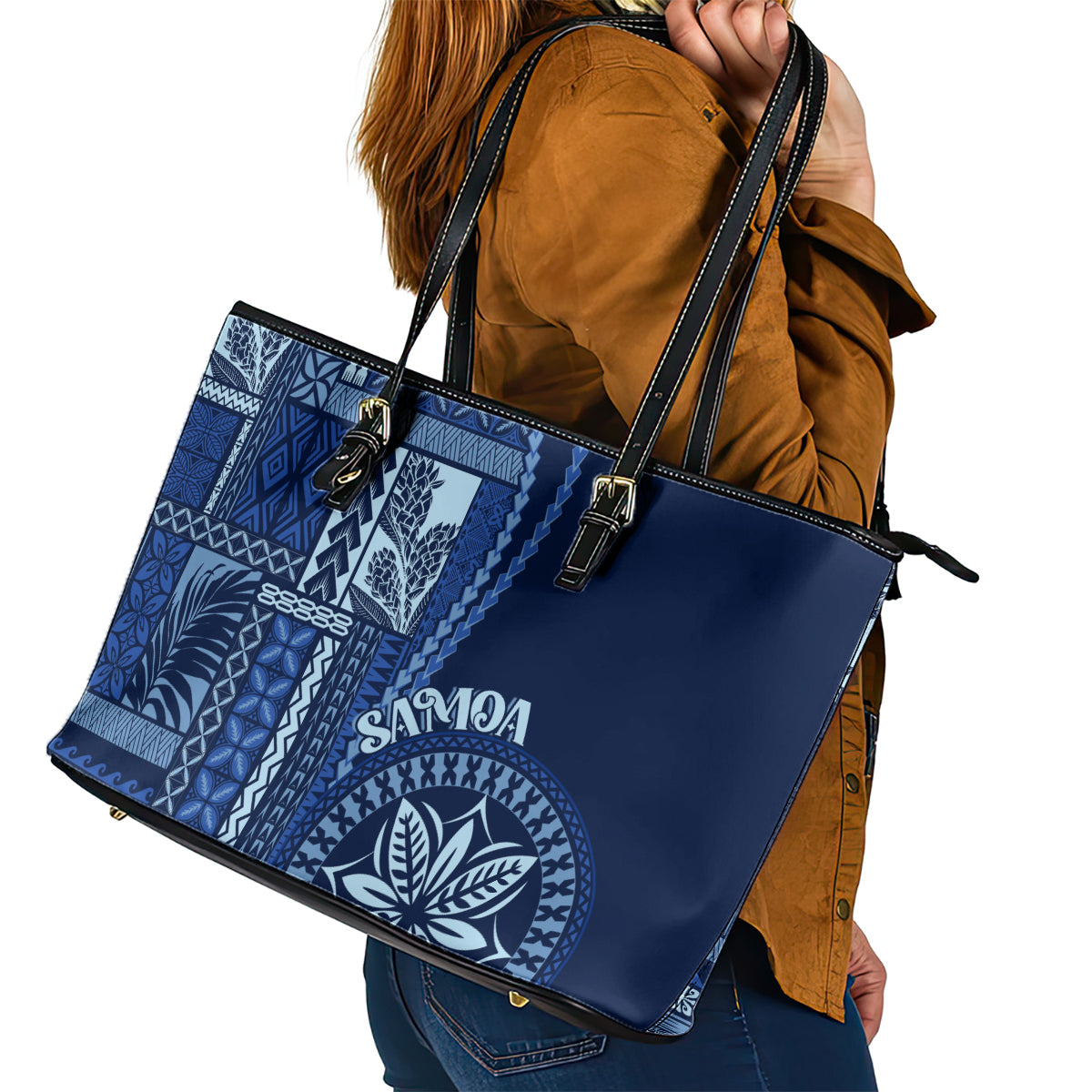 Samoa Siapo Motif Leather Tote Bag Classic Style - Bue Ver LT7 - Polynesian Pride