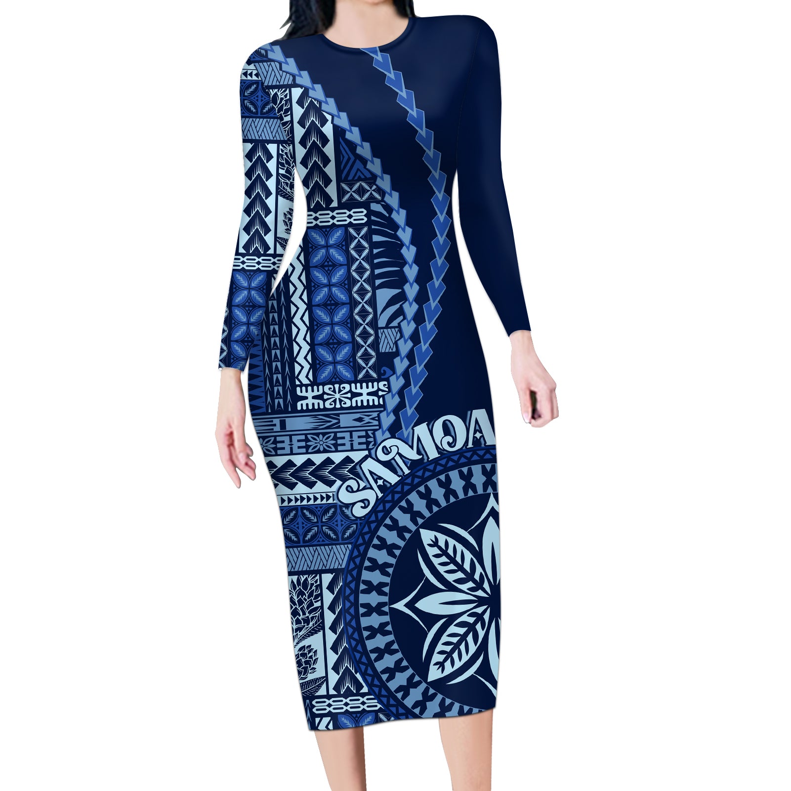 Samoa Siapo Motif Long Sleeve Bodycon Dress Classic Style - Bue Ver LT7 Long Dress Blue - Polynesian Pride