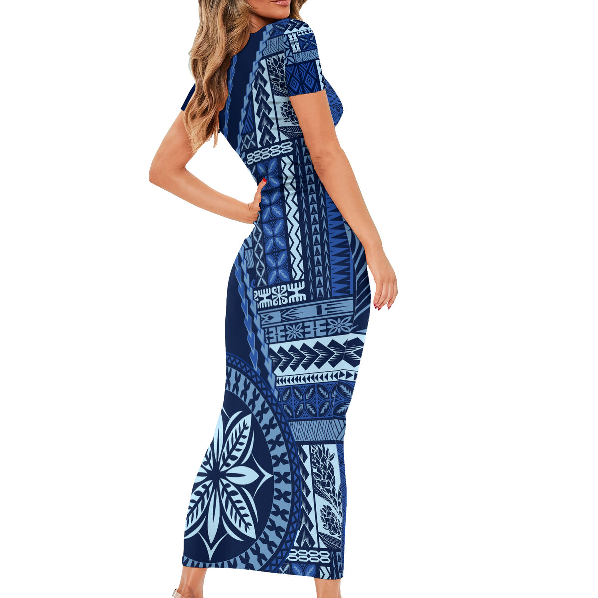 Samoa Siapo Motif Short Sleeve Bodycon Dress Classic Style - Bue Ver LT7 - Polynesian Pride