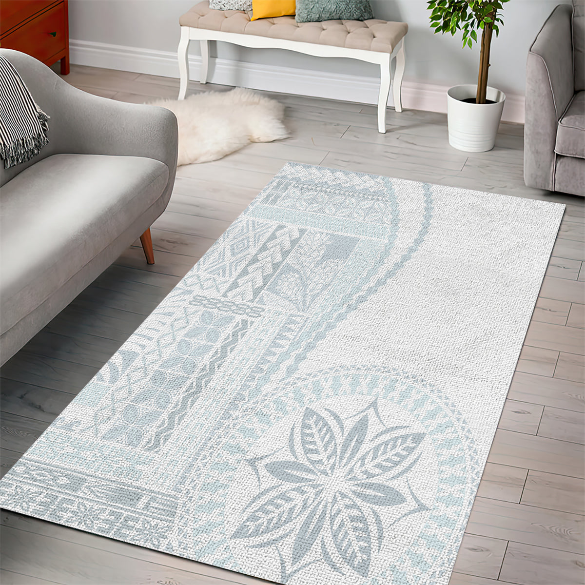 Samoa White Sunday Area Rug Classic Siapo Style LT7 - Polynesian Pride