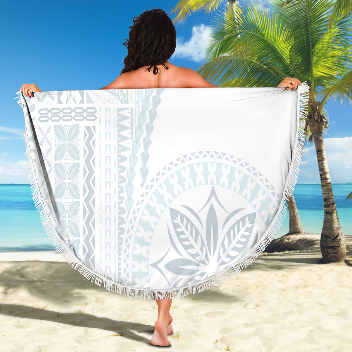 Samoa White Sunday Beach Blanket Classic Siapo Style LT7 - Polynesian Pride