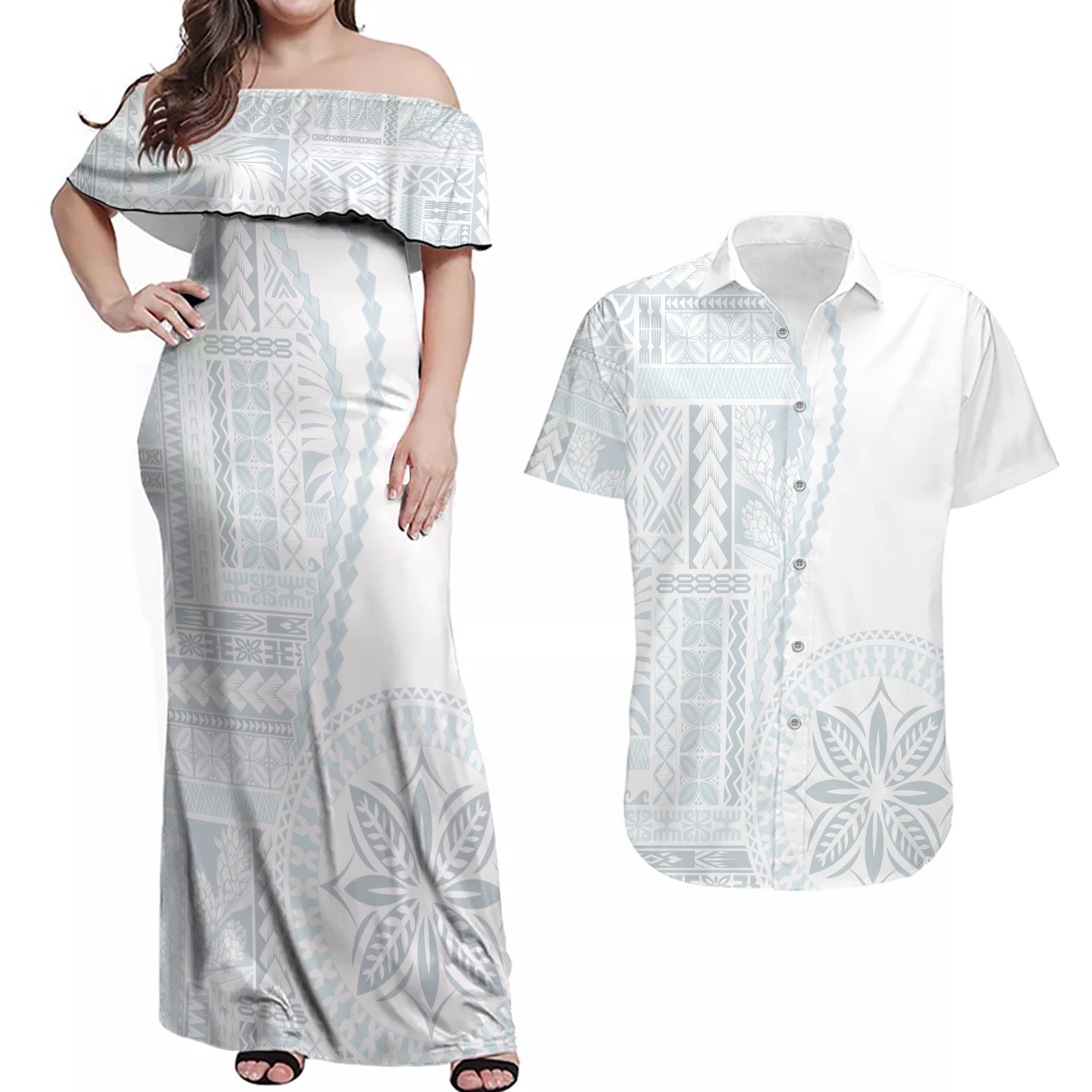 Samoa White Sunday Couples Matching Off Shoulder Maxi Dress and Hawaiian Shirt Classic Siapo Style LT7 White - Polynesian Pride