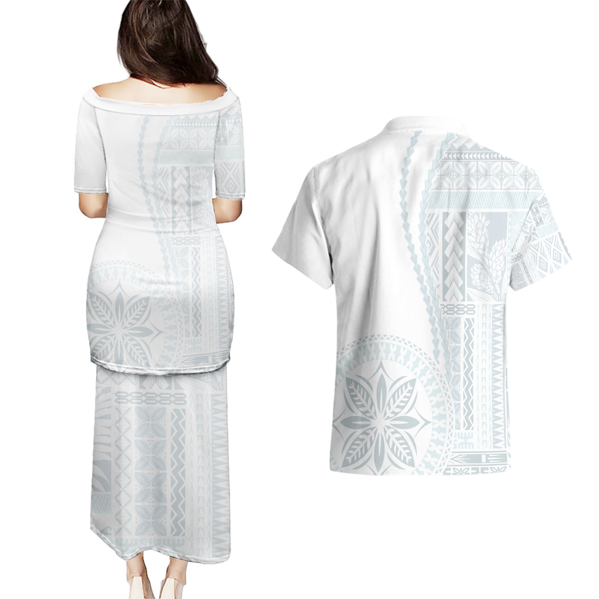 Samoa White Sunday Couples Matching Puletasi Dress and Hawaiian Shirt Classic Siapo Style LT7 - Polynesian Pride
